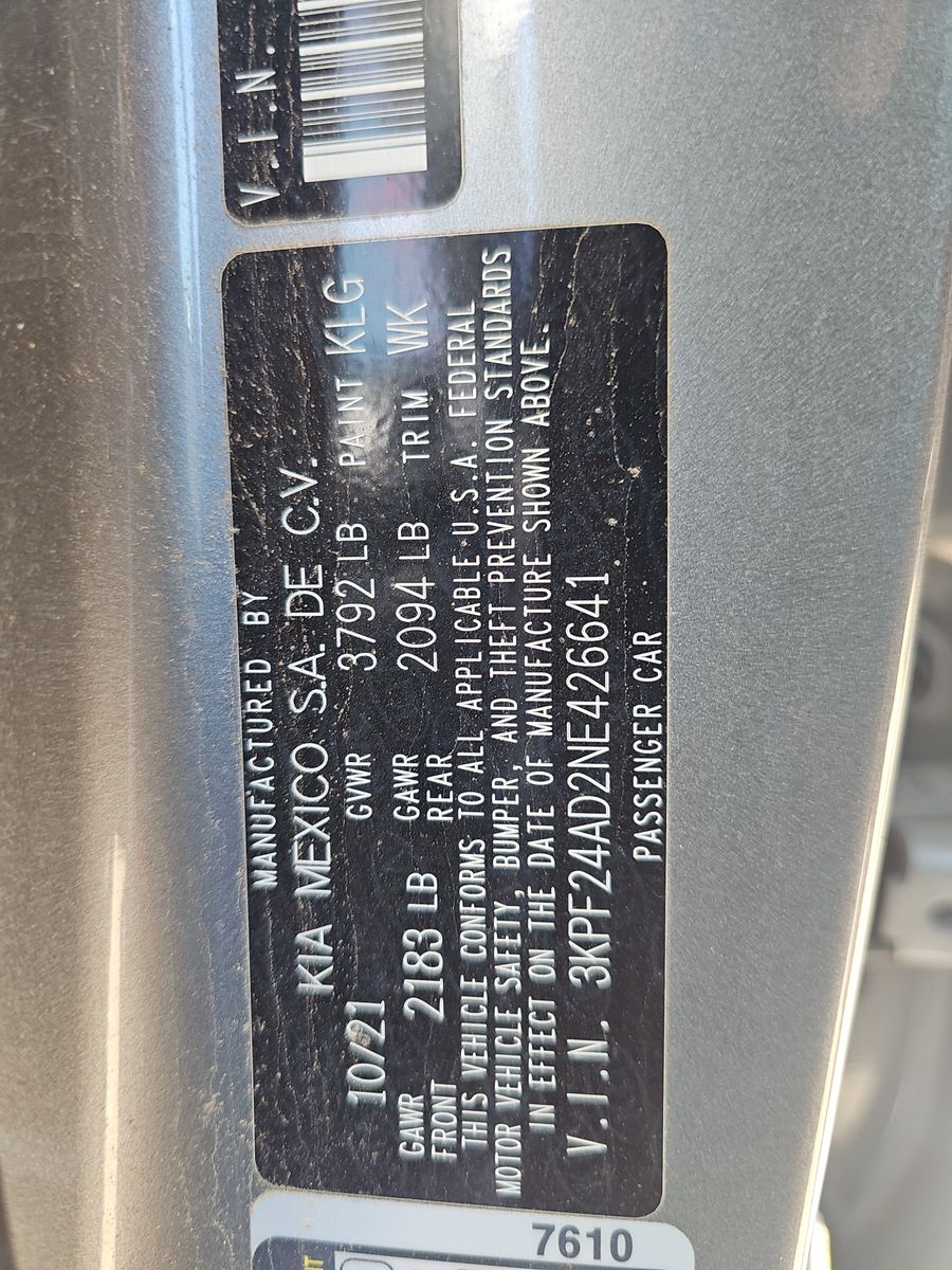 Kia Forte LXS 2022 Gray – 2.0L FWD Sedan | VIN: 3KPF24AD2NE426641