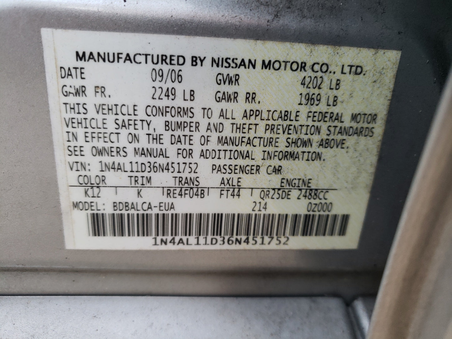 2006 NISSAN ALTIMA - 1N4AL11D36N451752