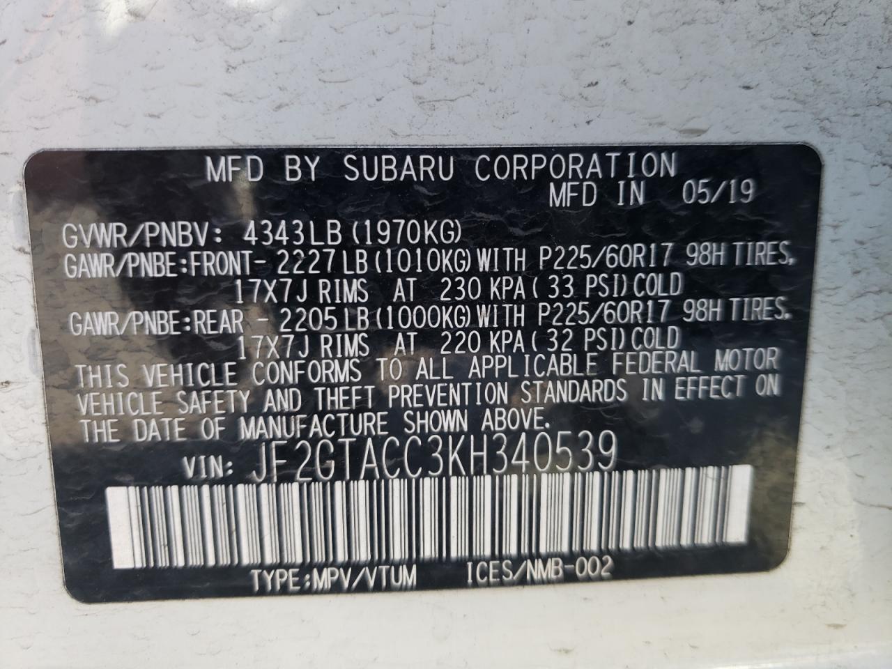 2019 SUBARU CROSSTREK - JF2GTACC3KH340539