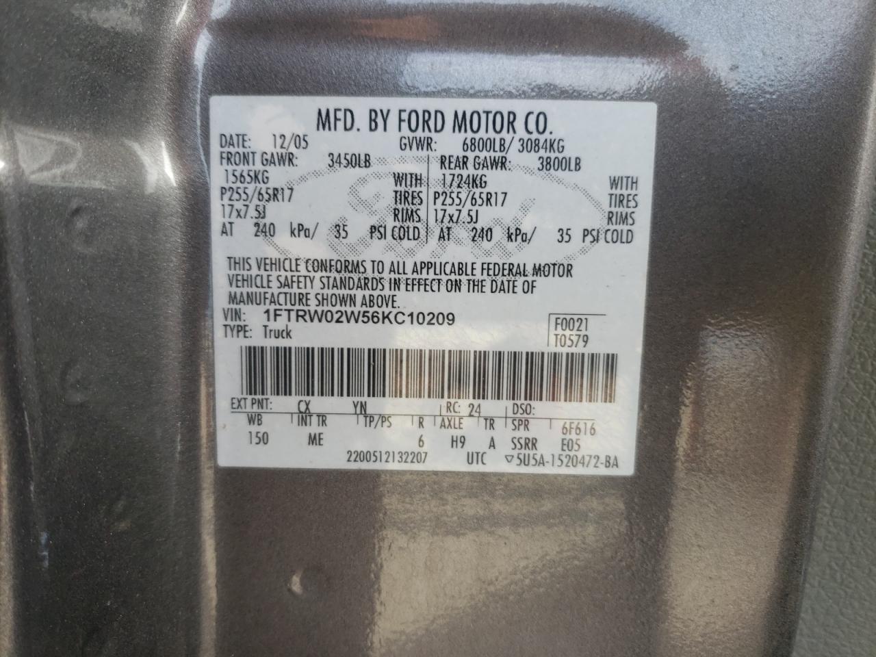 2006 FORD F150 - 1FTRW02W56KC10209