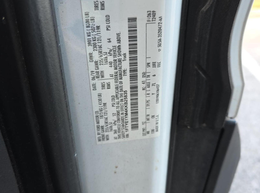 Ford Transit 150 2019 White – 3.7L V6 Flex Fuel Commercial Van | VIN: 1FTYE1YM4KKB25835