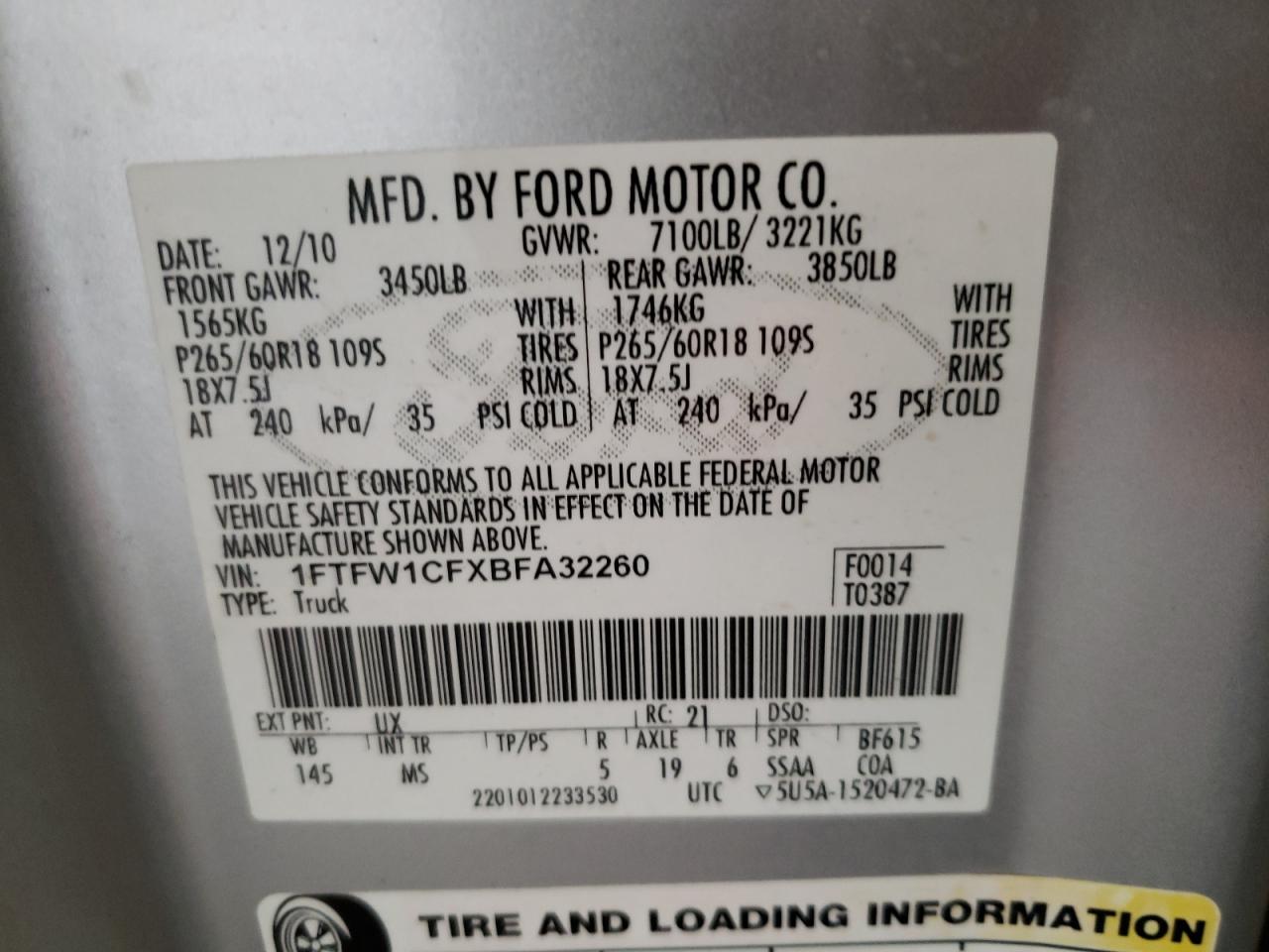 2011 FORD F150 SUPER - 1FTFW1CFXBFA32260