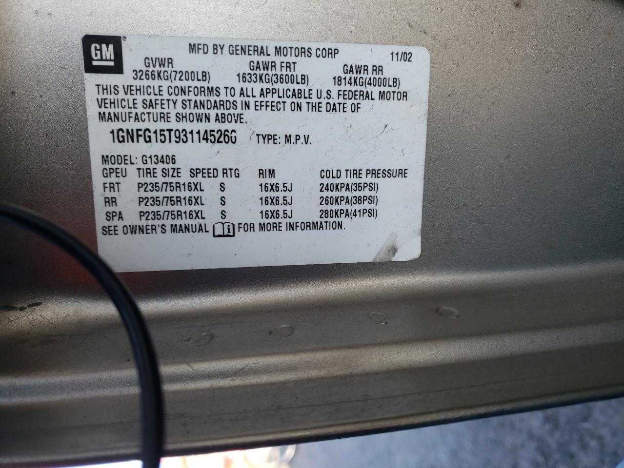 2003 CHEVROLET EXPRESS G1 - 1GNFG15T931145266