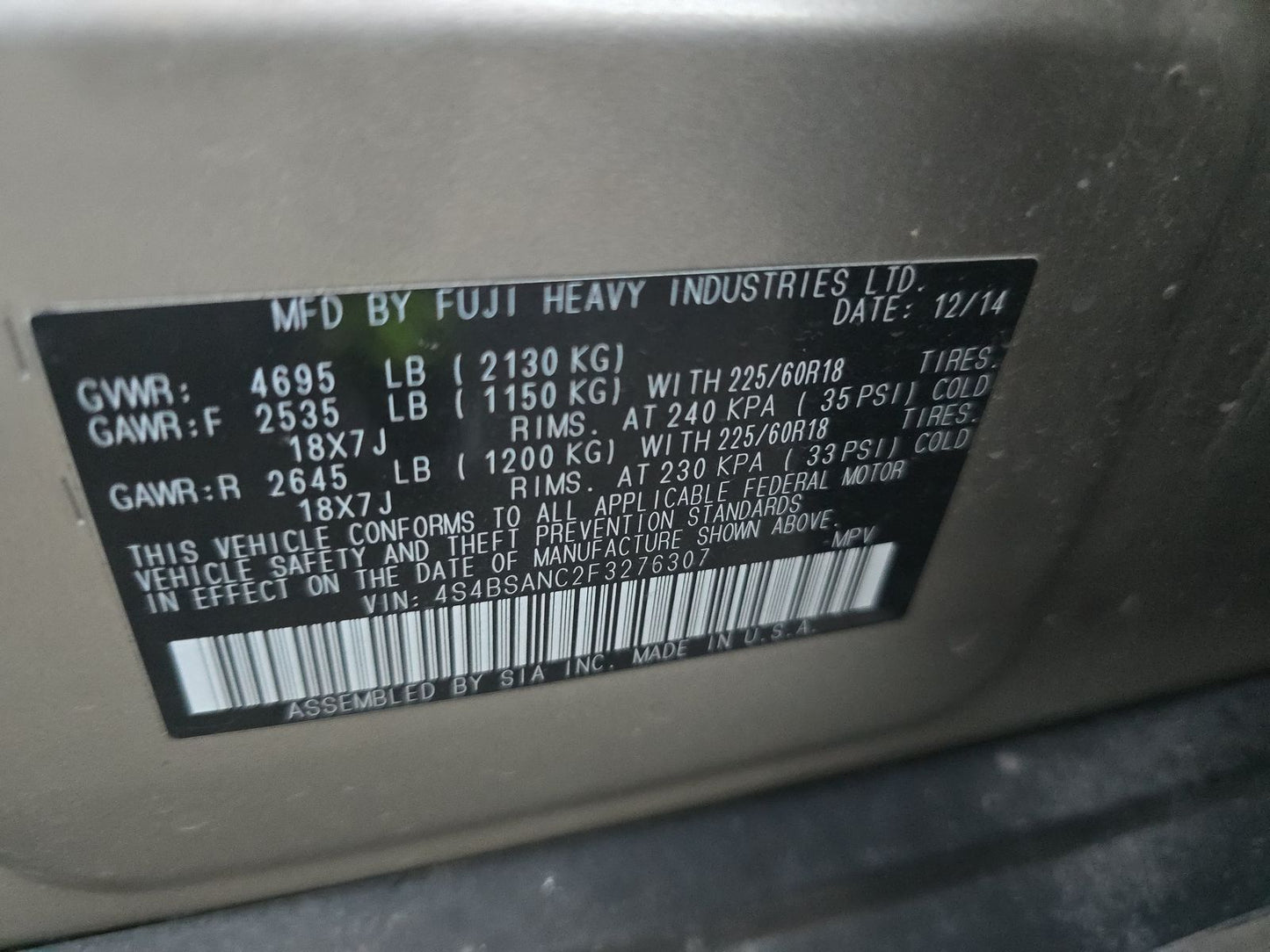 2015 Subaru Outback 2.5i Limited | 2.5L AWD | VIN: 4S4BSANC2F3276307