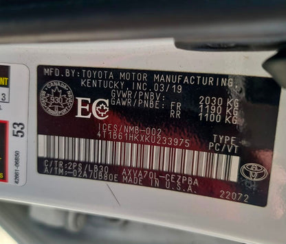 Toyota Camry XSE 2019 White – 2.5L FWD Sedan | VIN: 4T1B61HKXKU233975