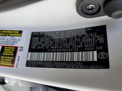 Toyota Camry XSE 2022 White 2.5L Sedan – VIN: 4T1K61AKXNU03474