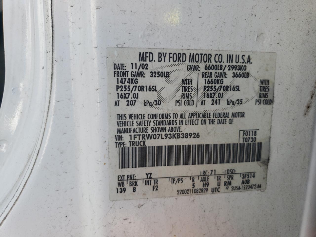 2003 FORD F150 SUPER - 1FTRW07L93KB38926