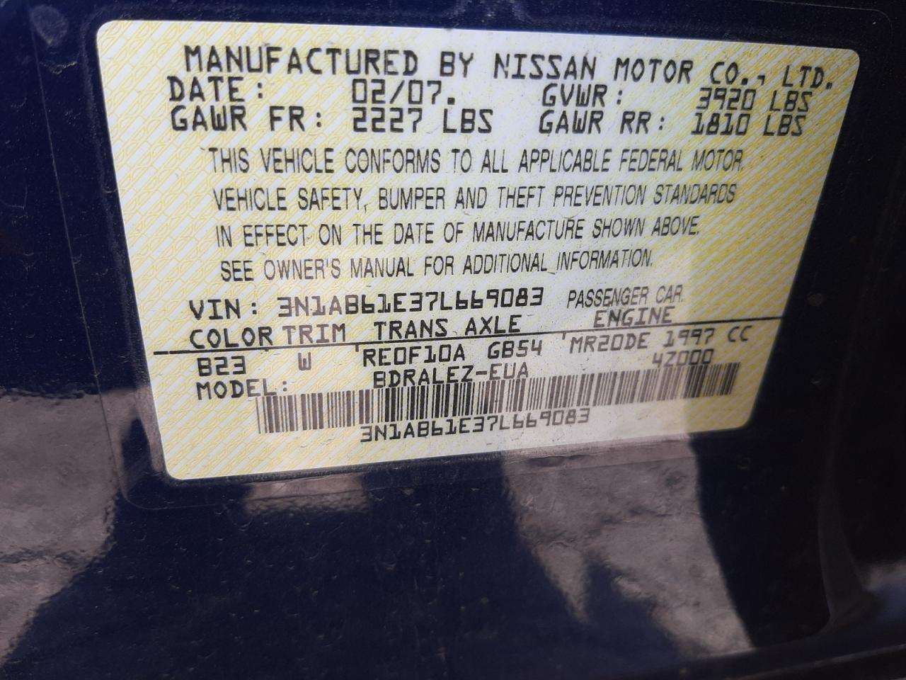 2007 NISSAN SENTRA 2.0 - 3N1AB61E37L669083