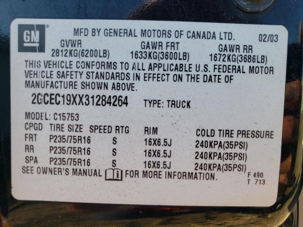 2003 CHEVROLET SILVERADO - 2GCEC19XX31284264