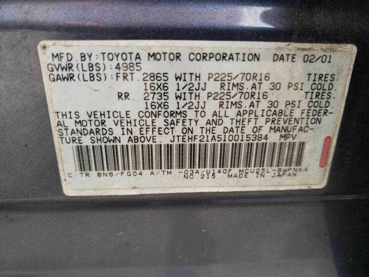 2001 TOYOTA HIGHLANDER - JTEHF21A510015384