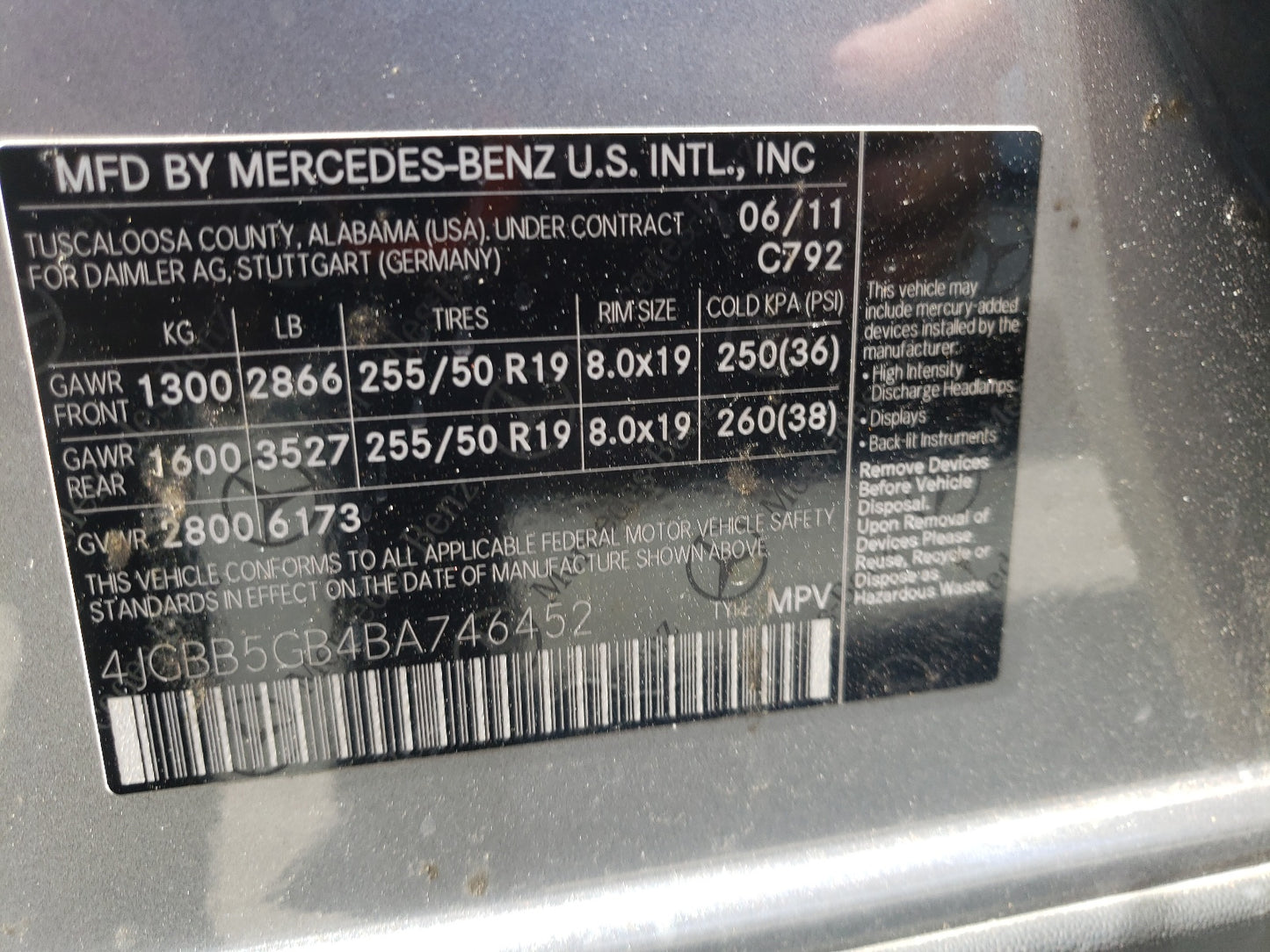 2011 MERCEDES-BENZ ML 350 - 4JGBB5GB4BA746452