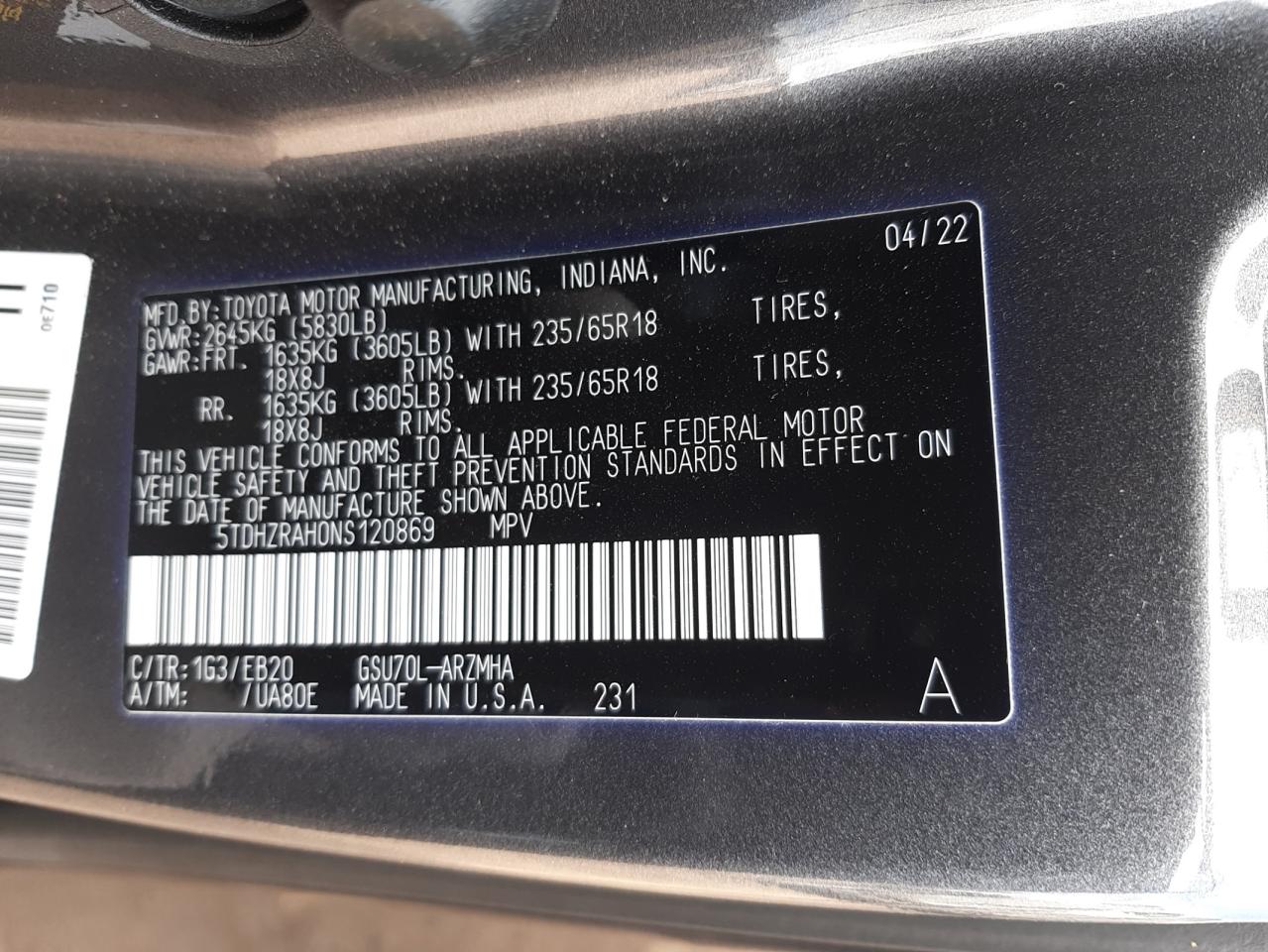 2022 TOYOTA HIGHLANDER - 5TDHZRAH0NS120869