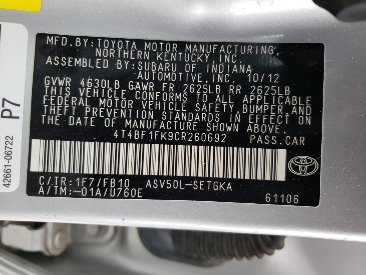 2012 TOYOTA CAMRY BASE - 4T4BF1FK9CR260692