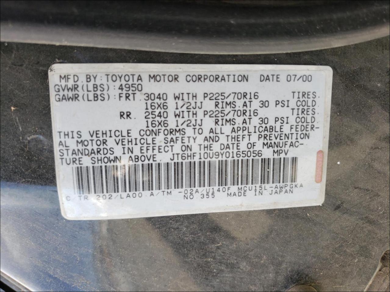 2000 LEXUS RX 300 - JT6HF10U9Y0165056