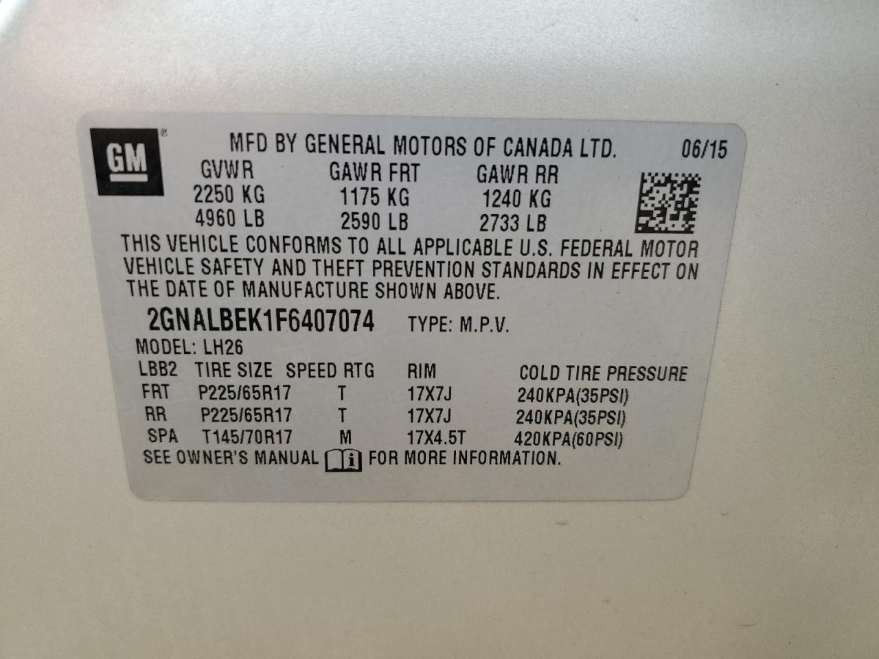 2015 CHEVROLET EQUINOX LT - 2GNALBEK1F6407074