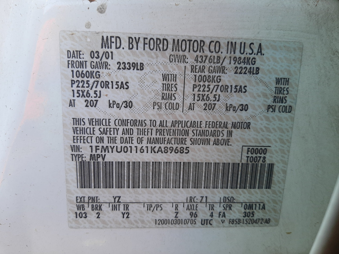 2001 FORD ESCAPE XLS - 1FMYU01161KA89685