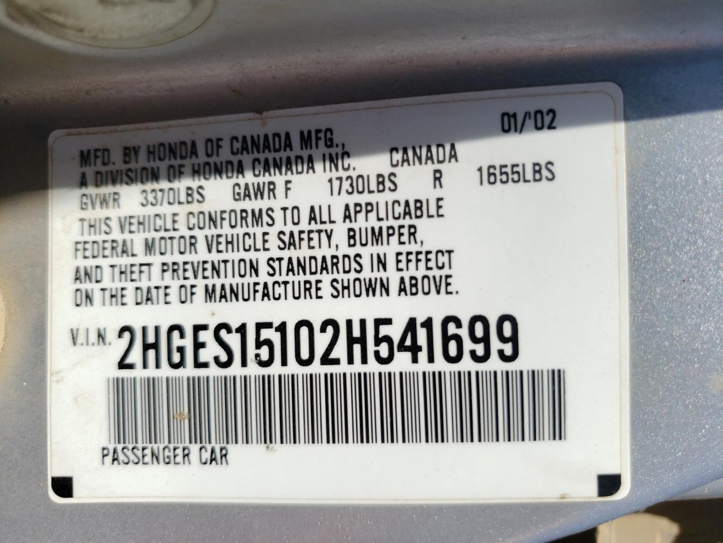 2002 HONDA CIVIC DX - 2HGES15102H541699