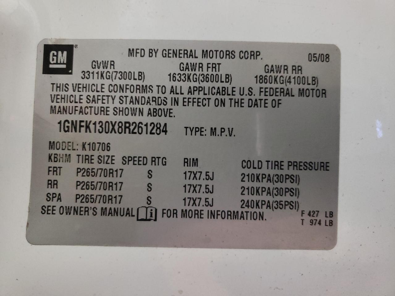 2008 CHEVROLET TAHOE K150 - 1GNFK130X8R261284