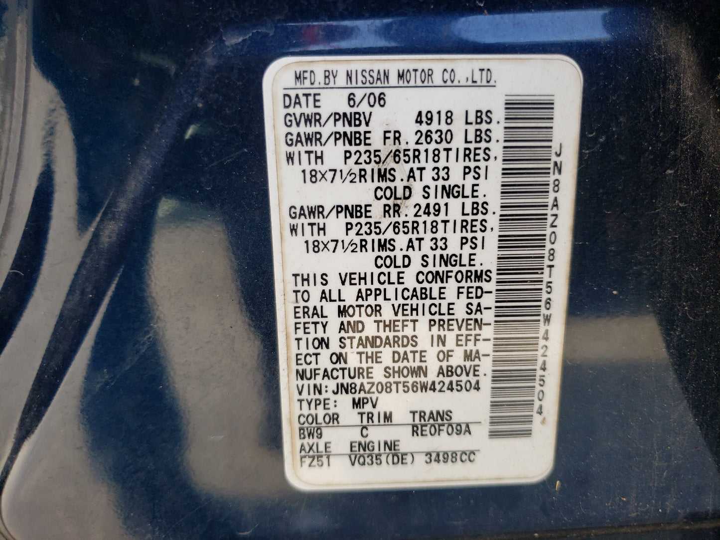 2006 NISSAN MURANO SL - JN8AZ08T56W424504