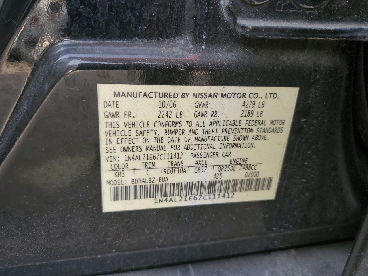 2007 NISSAN ALTIMA 2.5 - 1N4AL21E67C111412