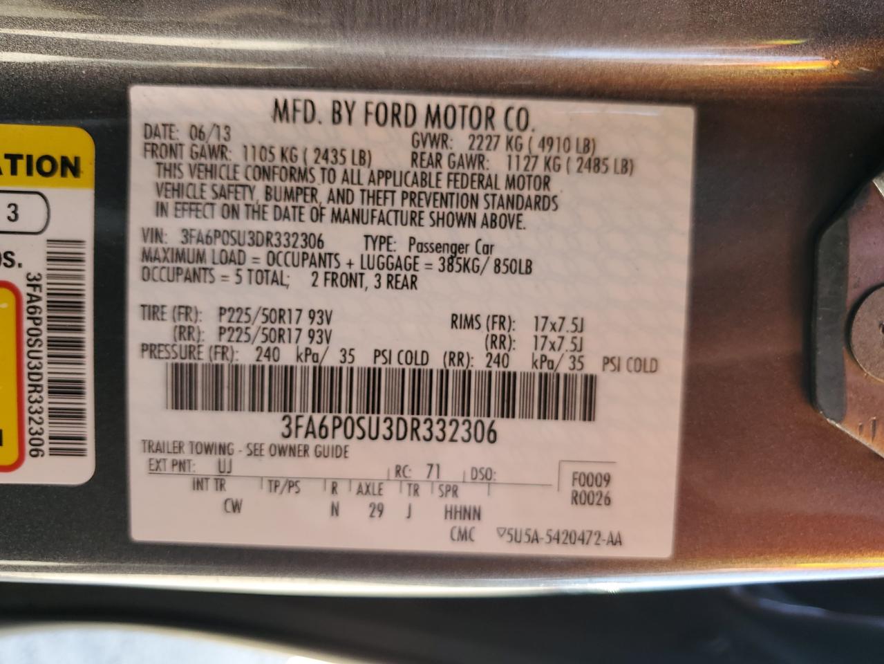 2013 FORD FUSION TIT - 3FA6P0SU3DR332306