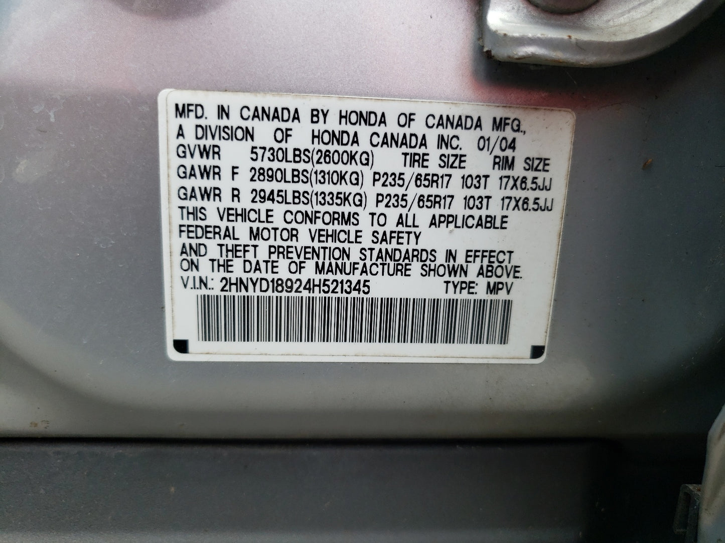 2004 ACURA MDX TOURIN - 2HNYD18924H521345