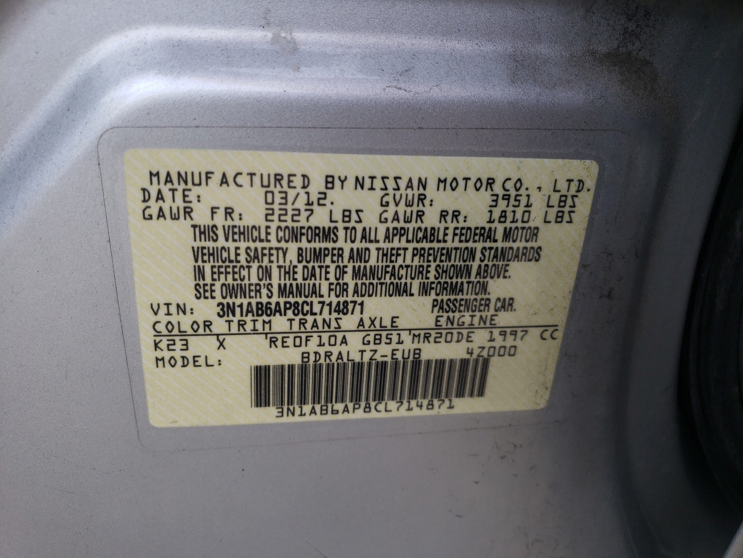 2012 NISSAN SENTRA 2.0 - 3N1AB6AP8CL714871