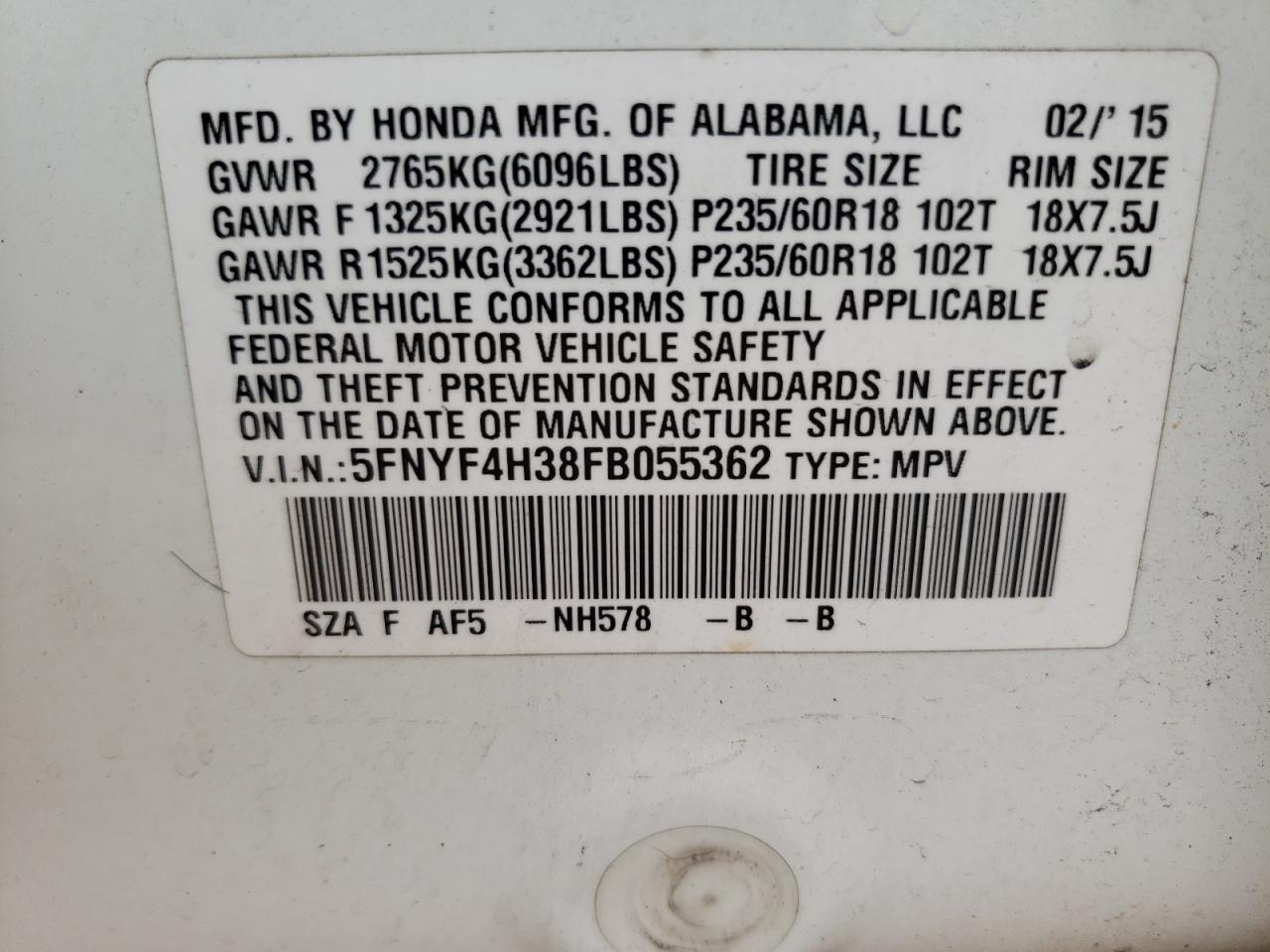 2015 HONDA PILOT SE - 5FNYF4H38FB055362