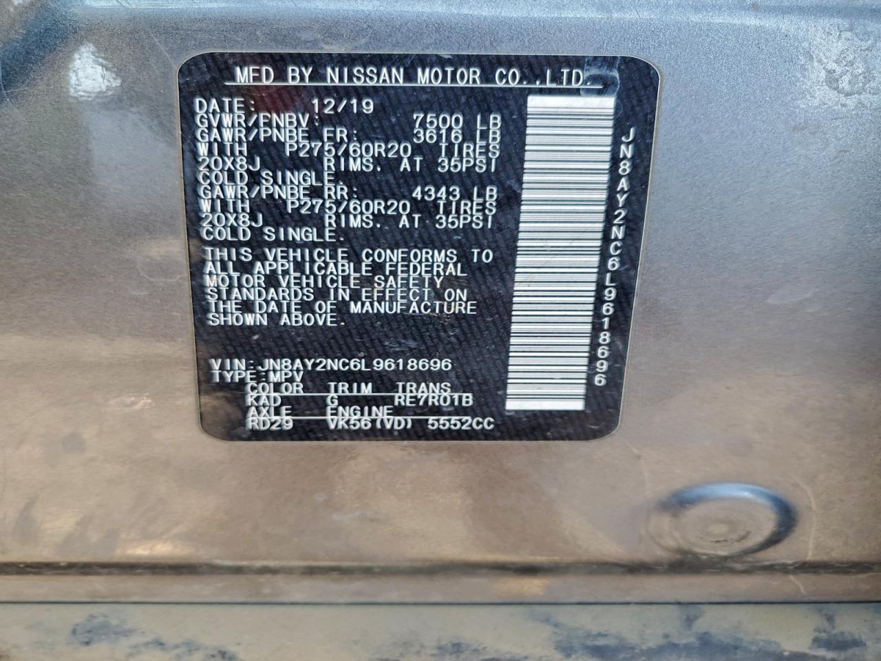 2020 Nissan Armada Platinum 4x4 | Gray | 5.6L V8 | VIN: JN8AY2NC6L9618696