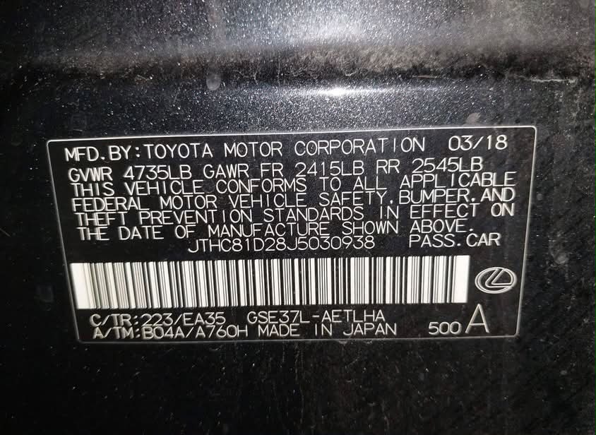 Lexus IS 350 2018 Black – 3.5L V6 RWD Sport Sedan | VIN: JTHC81D28J5030938
