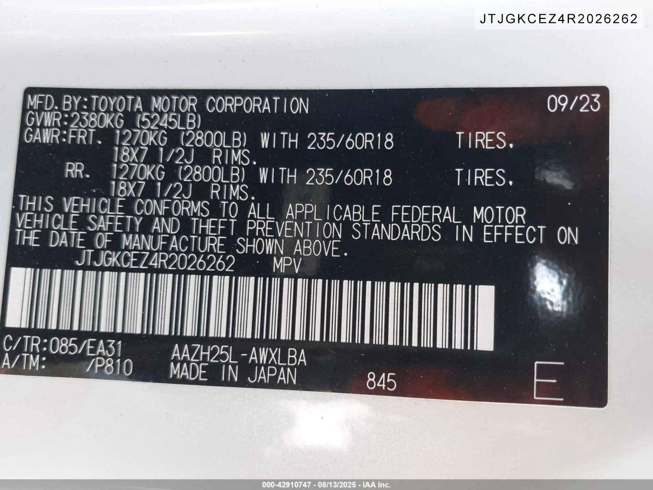 2024 Lexus NX 350h Premium VIN JTJGKCEZ4R2026262 – BidAutoCars