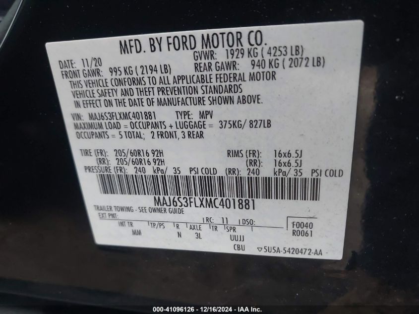 2021 Ford EcoSport S AWD 2.0L Automatic | VIN: MAJ6S3FLXMC401881