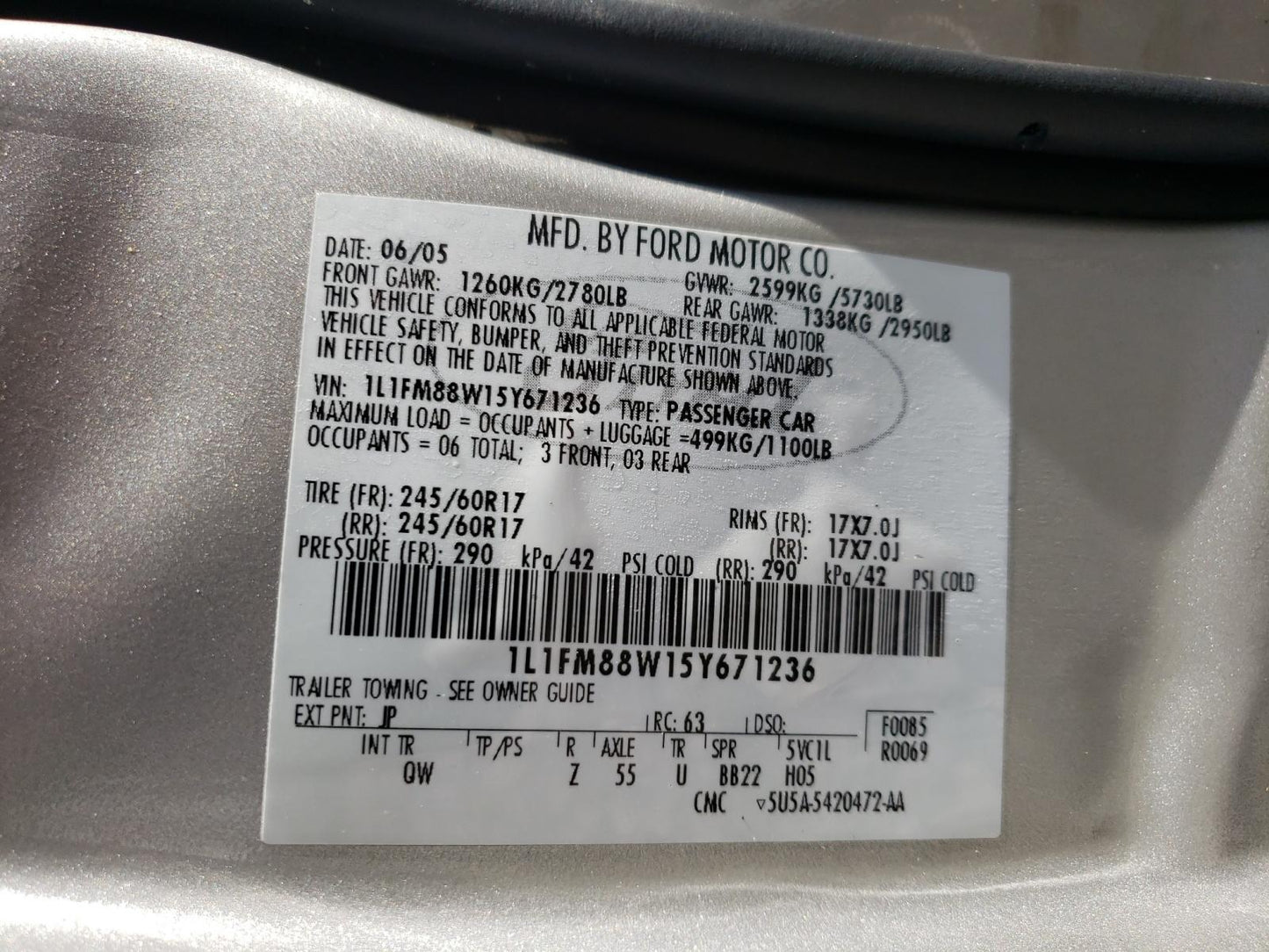 2005 LINCOLN TOWN CAR E - 1L1FM88W15Y671236