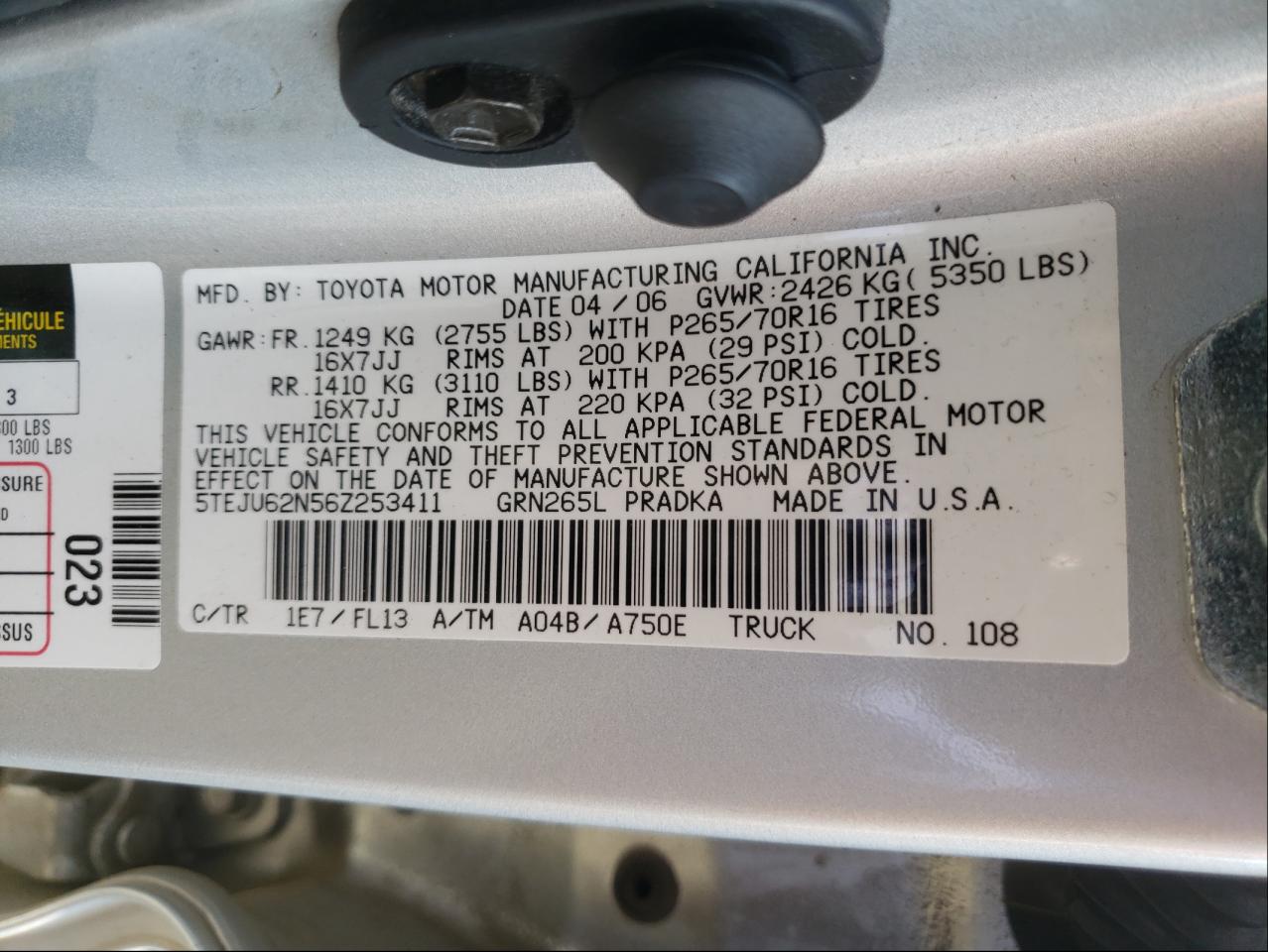 2006 TOYOTA TACOMA DOU - 5TEJU62N56Z253411