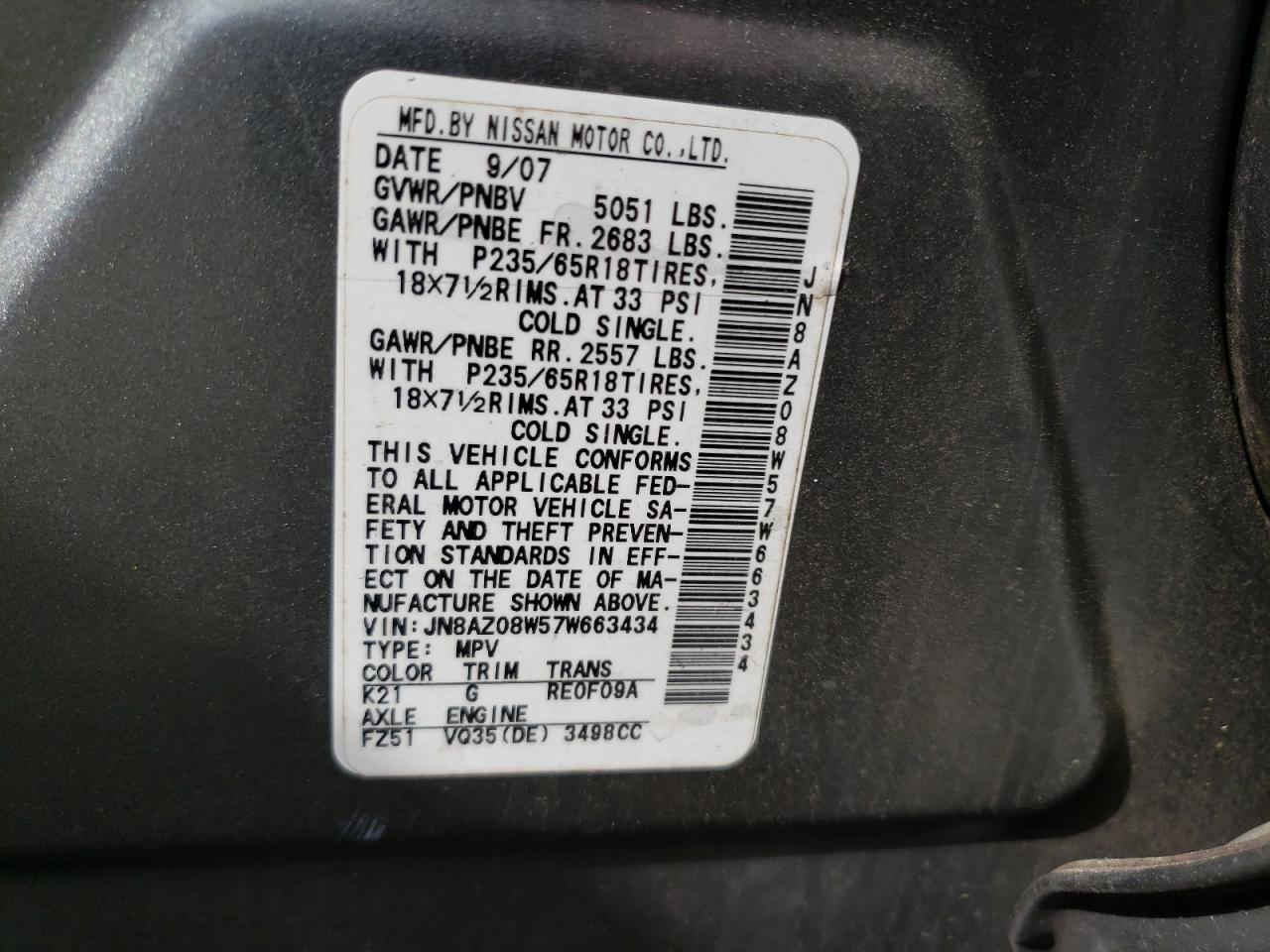 2007 NISSAN MURANO SL - JN8AZ08W57W663434