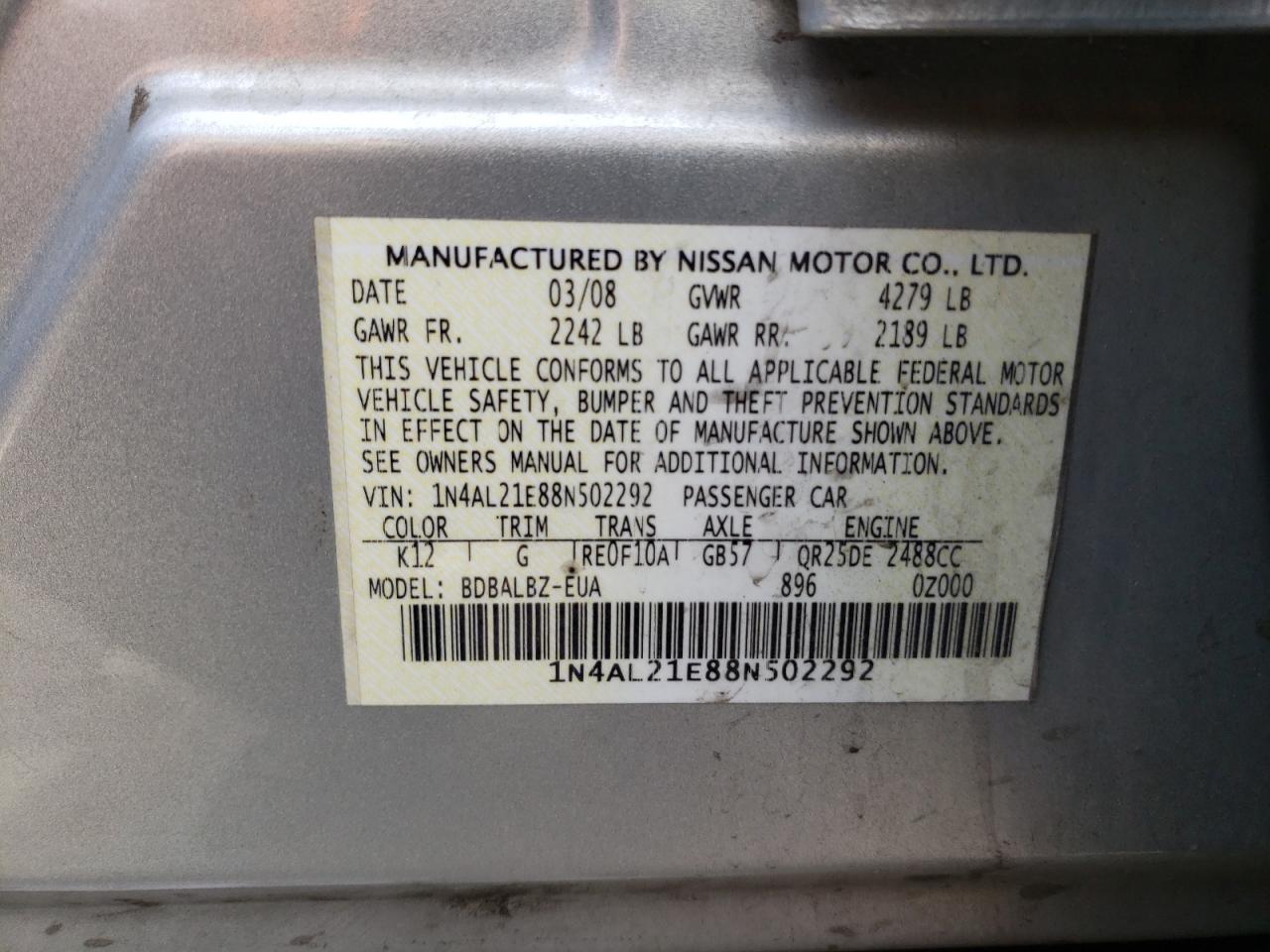 2008 NISSAN ALTIMA 2.5 - 1N4AL21E88N502292