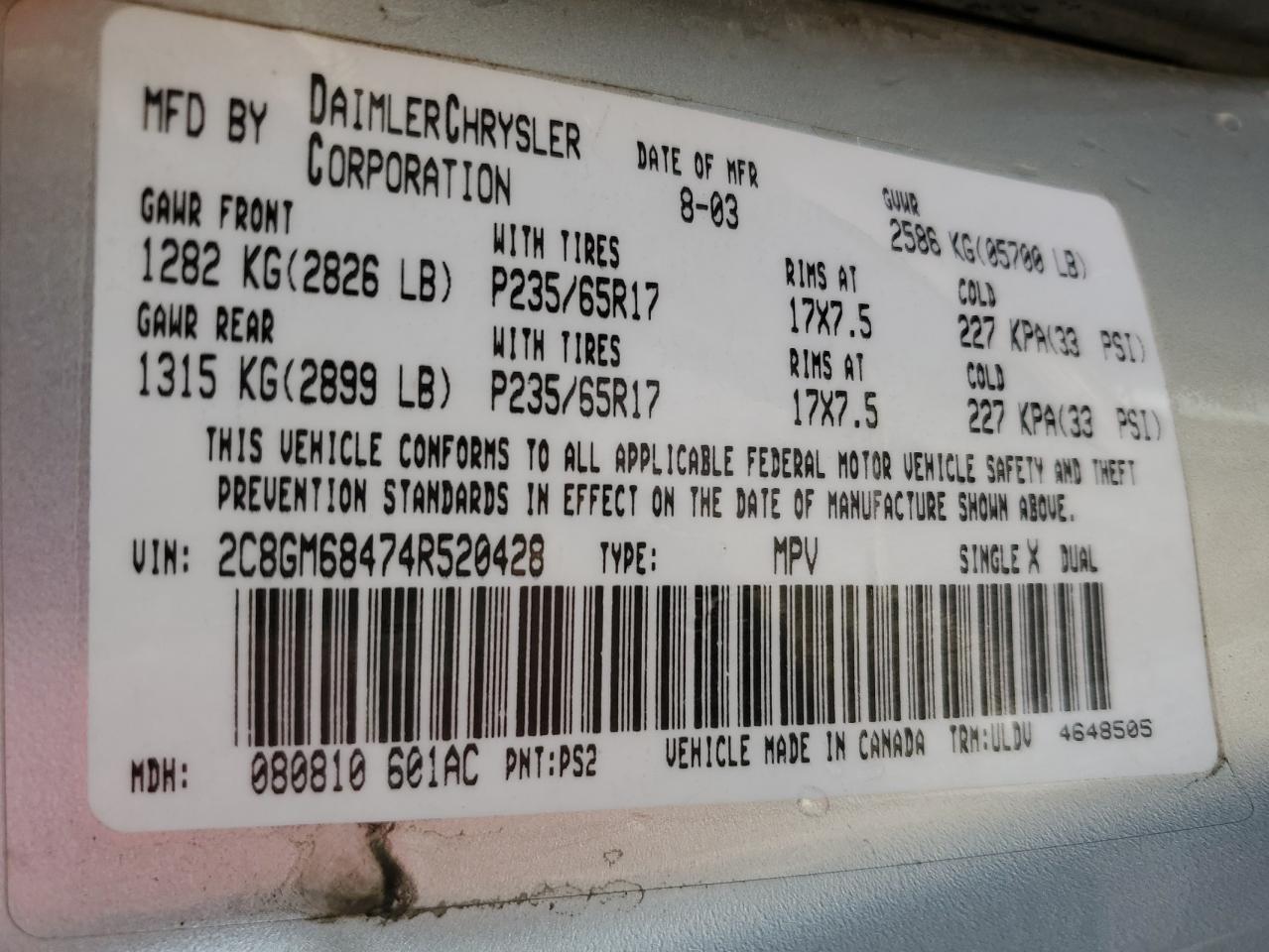 2004 CHRYSLER PACIFICA - 2C8GM68474R520428