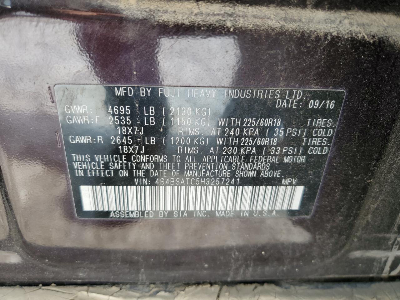 2017 SUBARU OUTBACK TO - 4S4BSATC5H3257241