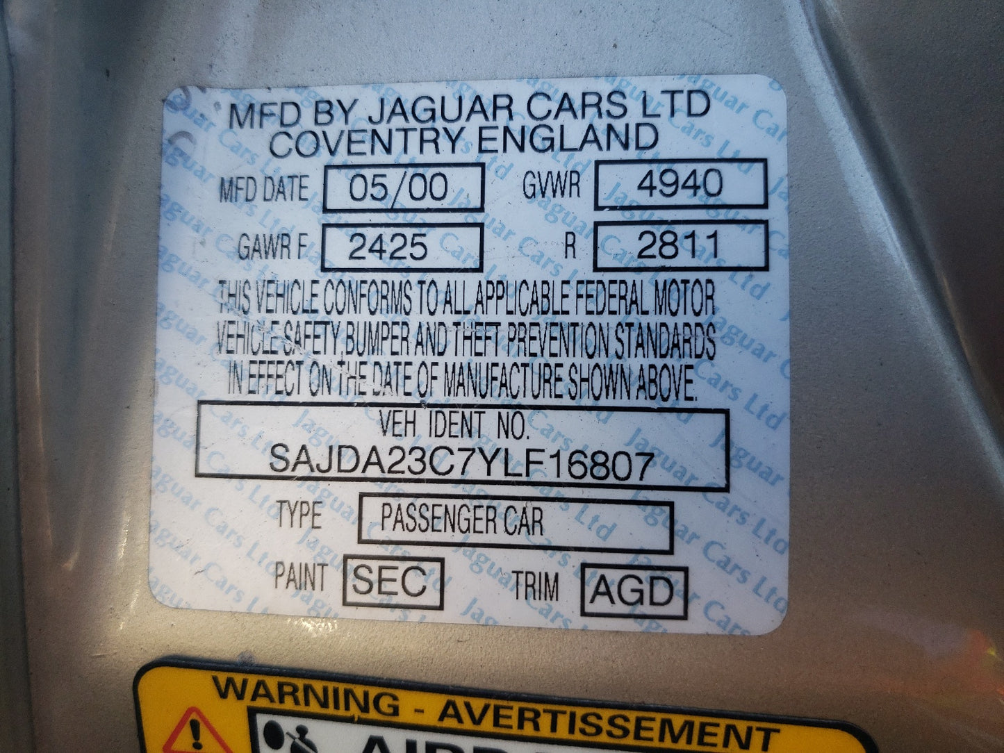 2000 JAGUAR XJ8 L - SAJDA23C7YLF16807