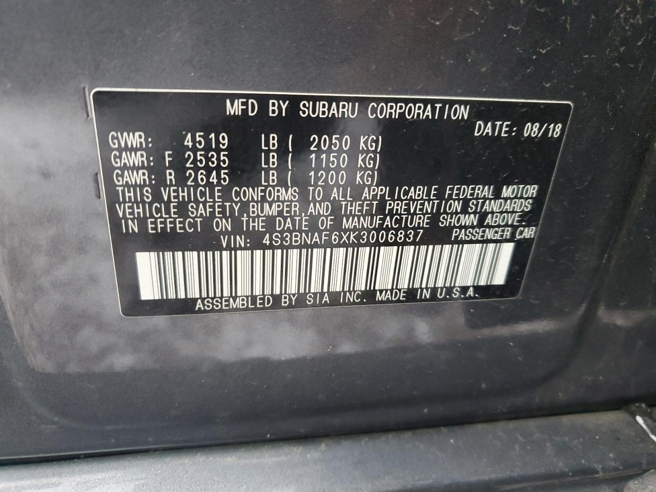 2019 SUBARU LEGACY 2.5 - 4S3BNAF6XK3006837