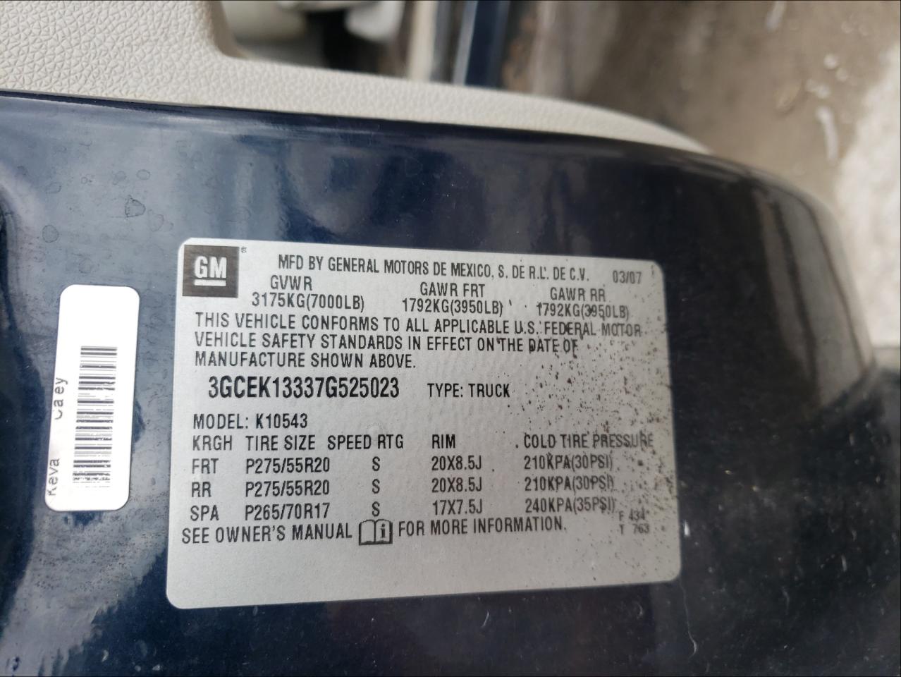 2007 CHEVROLET SILVERADO - 3GCEK13337G525023