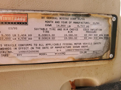 1995 WINNEBAGO TRAILER - 1GBKP37N6S3312546