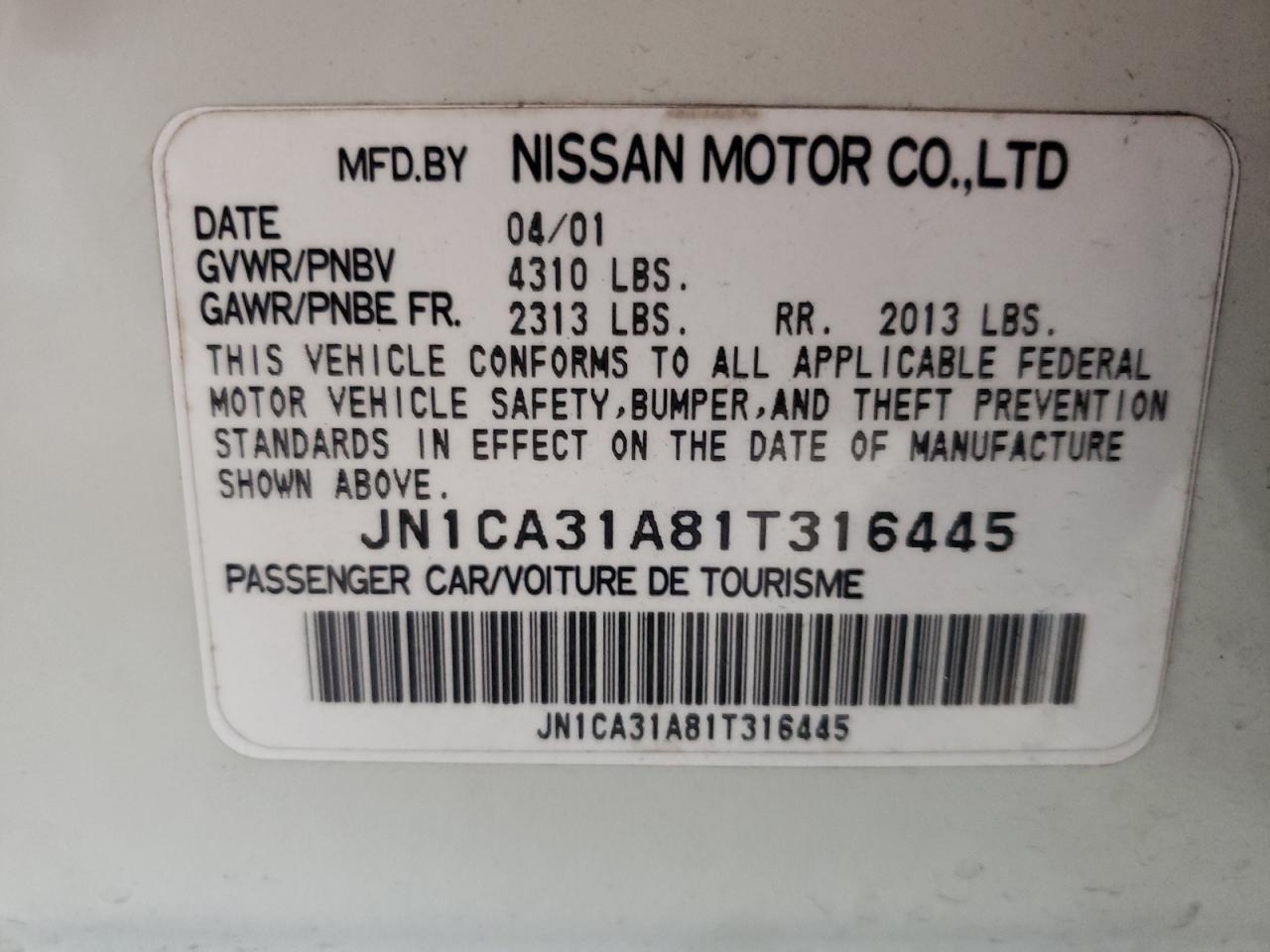 2001 NISSAN MAXIMA GXE - JN1CA31A81T316445