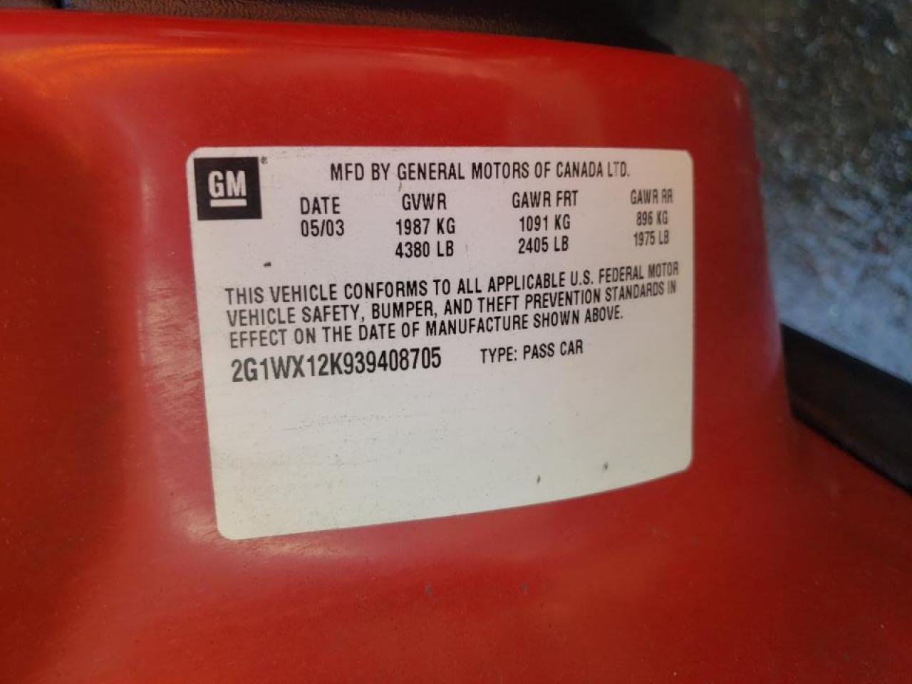 2003 CHEVROLET MONTE CARL - 2G1WX12K939408705