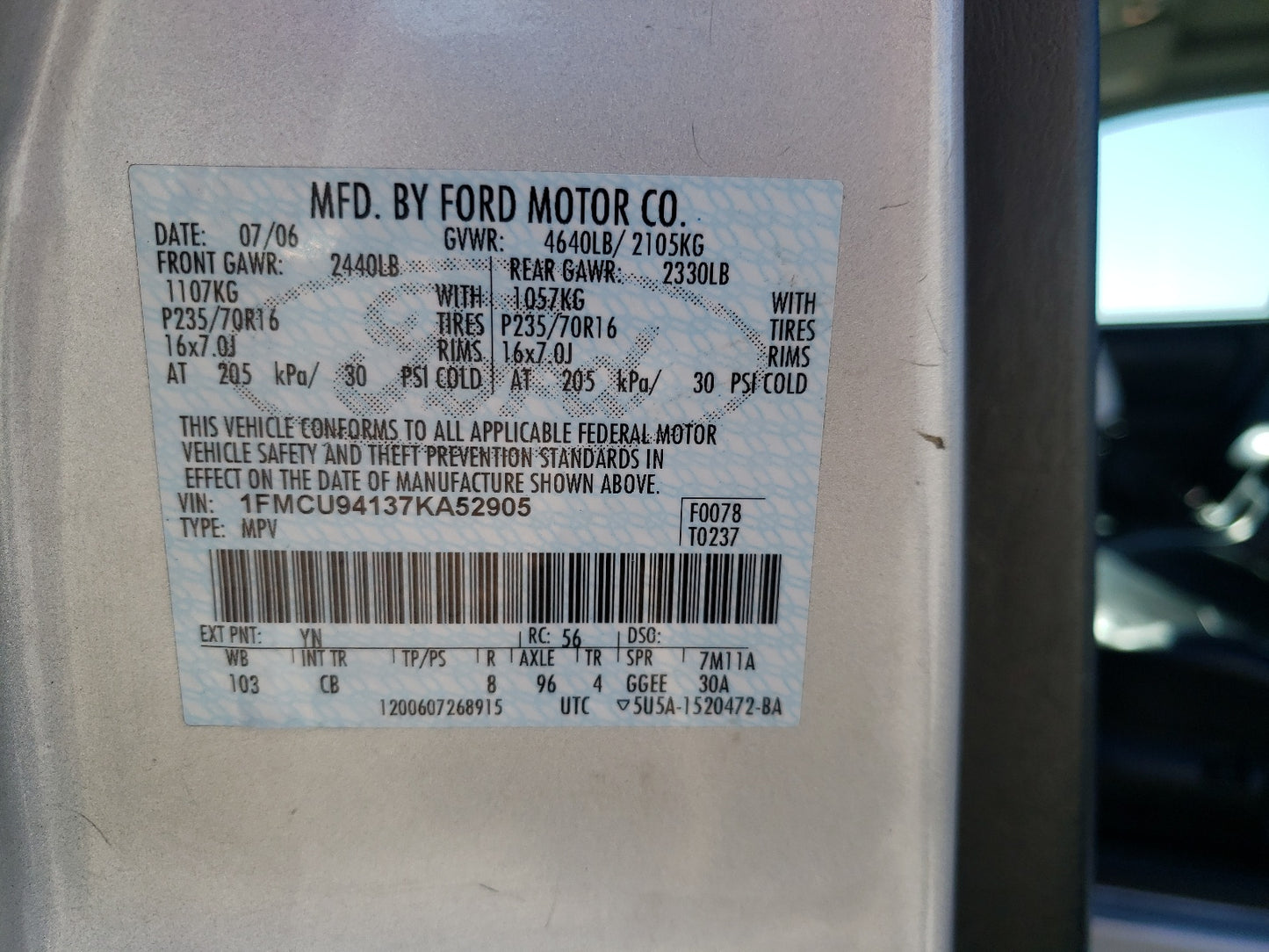 2007 FORD ESCAPE LIM - 1FMCU94137KA52905