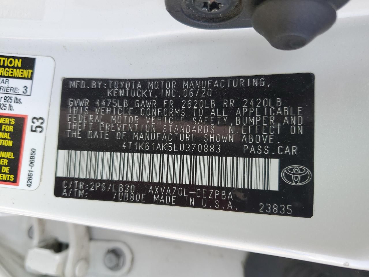 Toyota Camry Xse 2020 White 2.5L vin: 4T1K61AK5LU370883 – BidAutoCars
